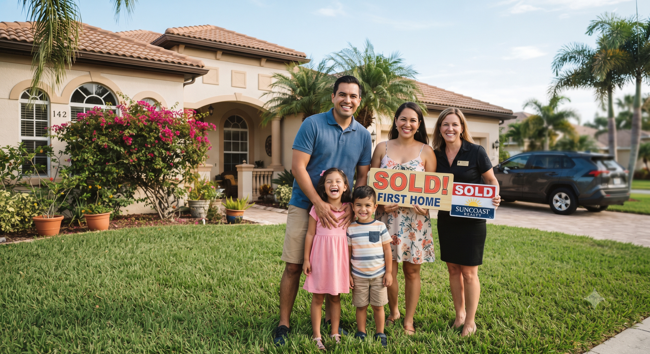 Pareja latina feliz en su nuevo hogar en Florida